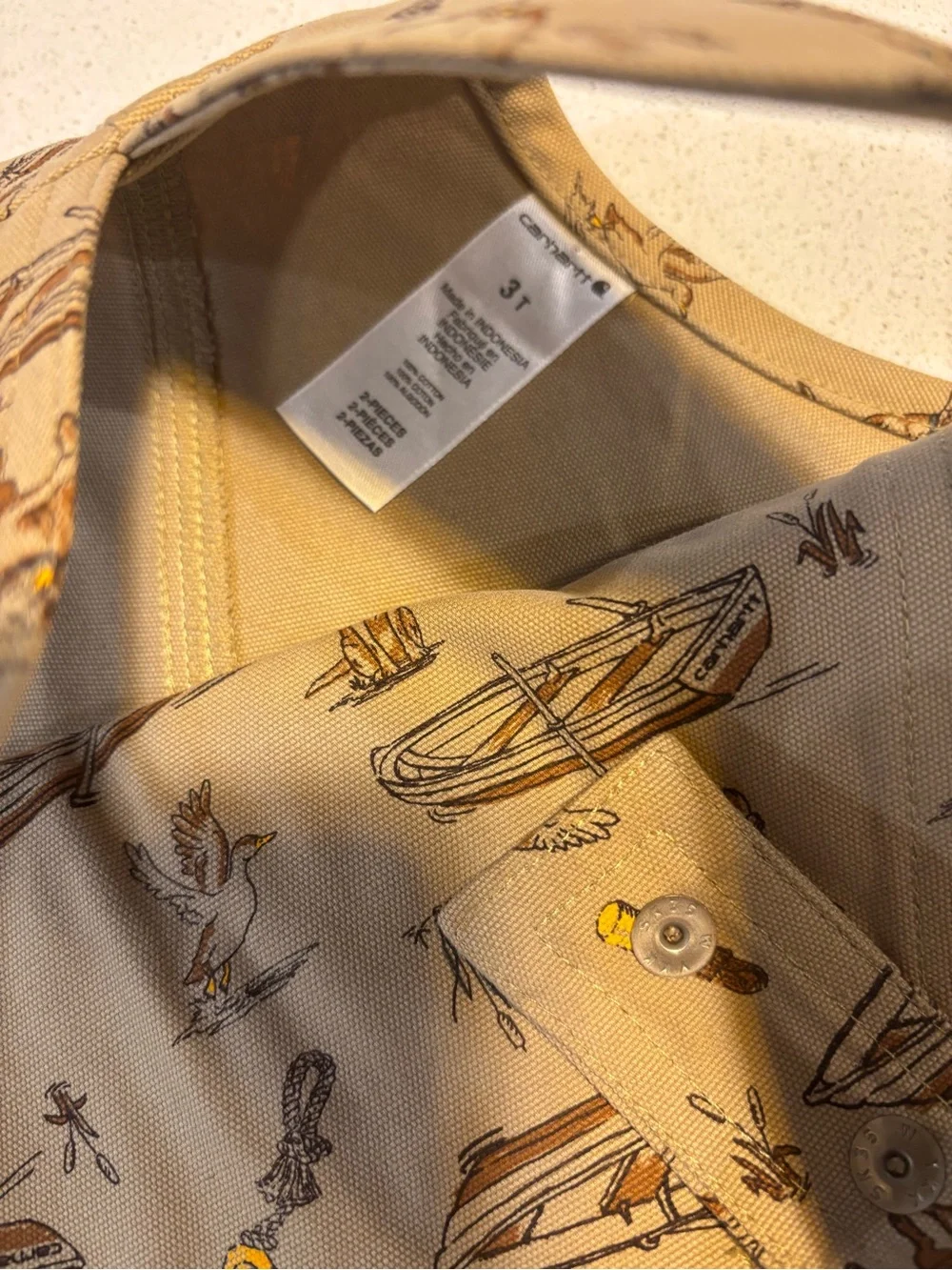 Carhartt Tan Kids' Shortall Overalls with Outdoor Boat & Dog Print